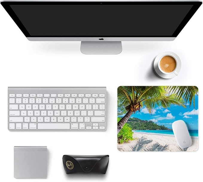 Auhoahsil Mouse Pad, 12 x 10 in Summer Beach Theme Computer Mouse Pad for Desk, Premium-Textured Non-Slip Rubber Stitched Edges Waterproof Square Mouse Mat for Gaming Work Wireless Mice, Blue