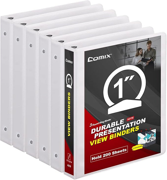 COMIX Sturdy 3 Ring Binder 1 inch with Clear View Cover, 1" Round Ring View Binder, PVC-Free, 200 Sheets Capacity of US Letter Size Paper, Office ＆ School Supplies, 6 Pack (White)