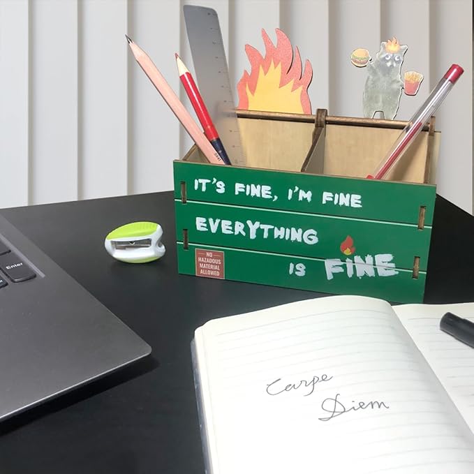 Desk Dumpster Pencil Holder - 2 compartments for office supplies - Funny Desk Office Accessories - Great Gift for Coworkers - White Elephant Gift, Everything is Fine