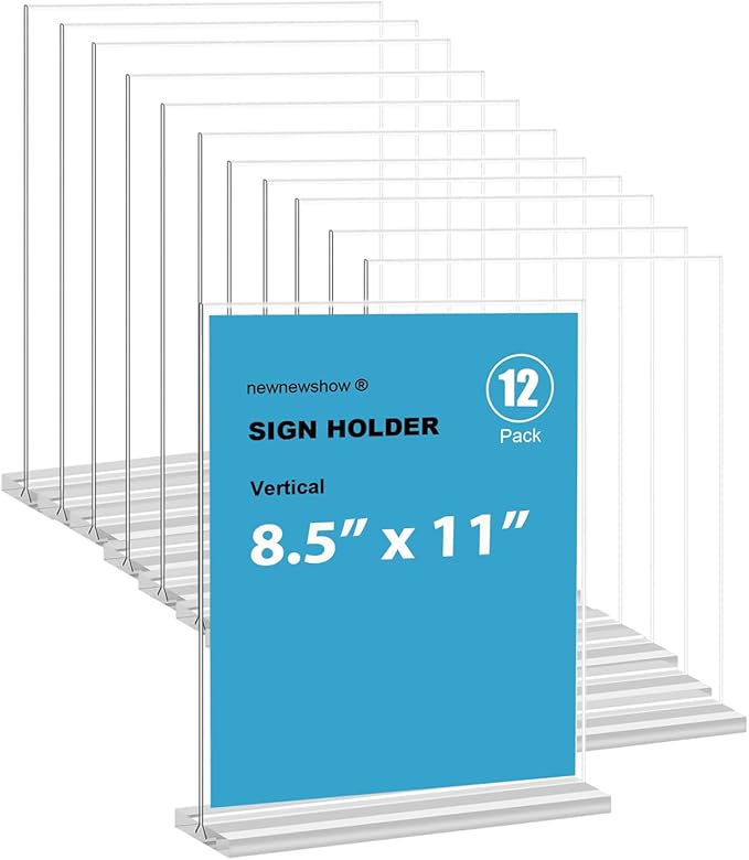 newnewshow 8.5x11 Clear Acrylic Sign Holder, Display Stand, Plastic Card Holder for Business, Office, Retail (12 Pack 8.5x11)