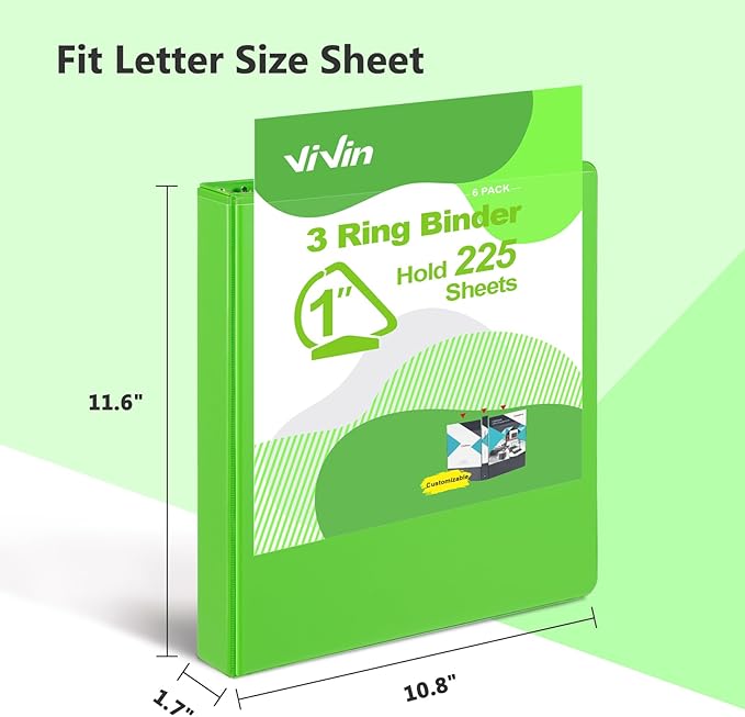 ViVin Sturdy 1 Inch D Ring Binders, 3 Ring Binders with 2 Pockets, Hold 225 Sheets of US Letter Size Paper for Office,Home,School, 6 Pack (Ivy Green)