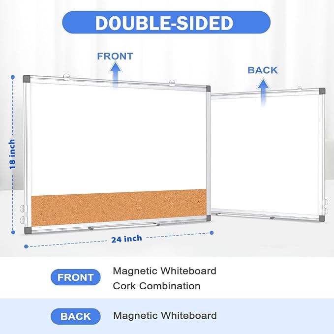 Double-Sided Whiteboard Cork Board Combo for Wall, WALGLASS 24" x 18" Dry Erase White Board Corkboard Combination, Hanging Wall Mount Bulletin Board with Aluminum Frame for Office, Home, School