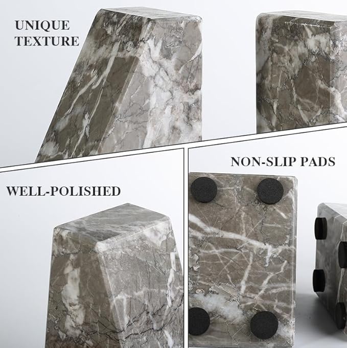 Koville Marble Bookends for Shelves, Large Bookends for Heavy Books, Natural Stone Book Stopper for Books CD Movies, Aesthetic Decorative Book Ends, Bookshelf Table Home Decor(Grey)