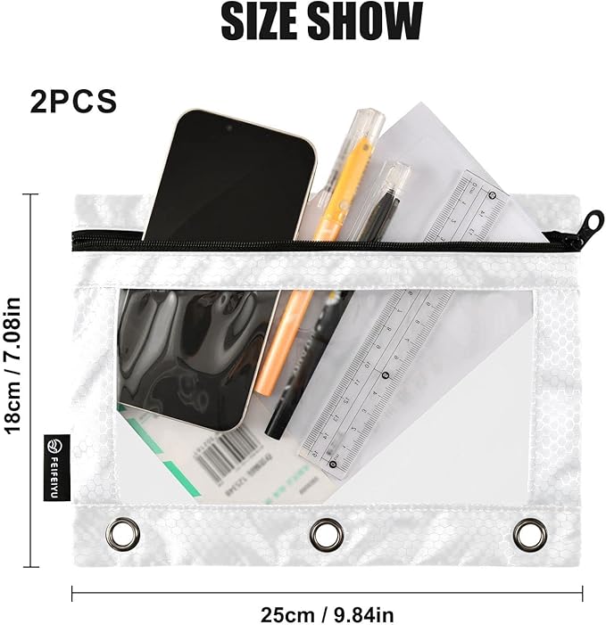 Gredecor Binder Pencil Pouch 3 Ring White Zipper Pencil Pouches Case 2 Pack Clear Binder Organizer for School Office