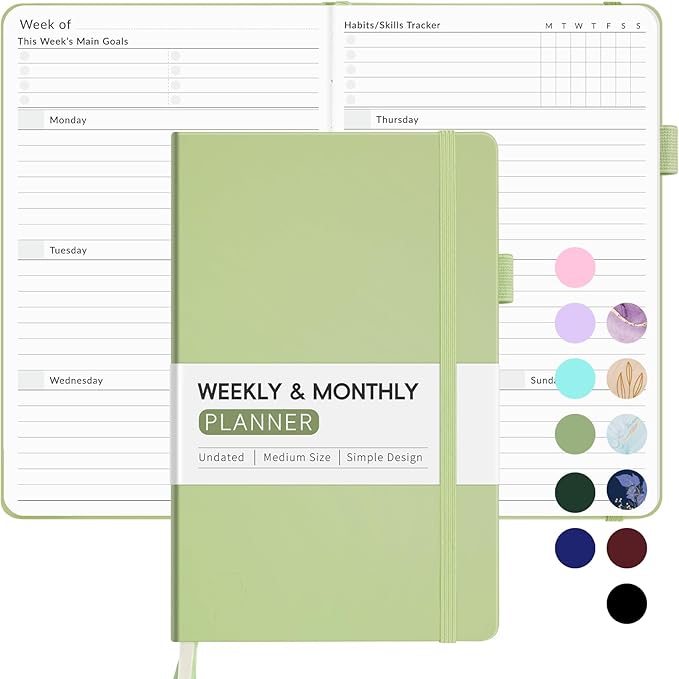 Undated Weekly Planner for 2025, Forvencer Simplified Weekly & Monthly Calendar Planner, Cute Daily Organizer Notebook, Agenda Journal to Track Goals & Tasks, Start Anytime, A5 Size, Olive Green