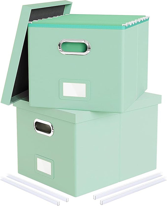 2 Pack File Storage Organizer Box,Portable File Box with Lid,Fit for Letter/Legal File Folder Storage, Mint-green(Leather)