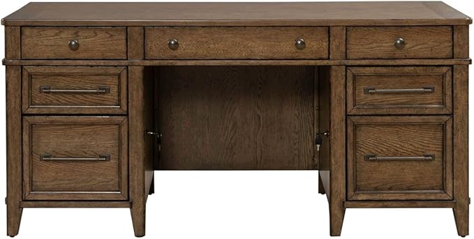 Liberty Furniture Carolina Park Jr Executive Desk with Keyboard Tray, Locking File Storage for Home Office- Amber Brown Oak Wood