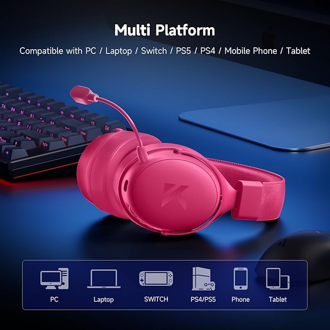 MCHOSE V9 PRO Wireless Gaming Headset 7.1 Surround Sound for PS5 PS4 PC Switch TOPSPEED Gaming Headphones, Noise Canceling Mic, 250Hr Battery, Low 15ms Latency, Lightweight, BT 5.3 FPS Games Rose&Red