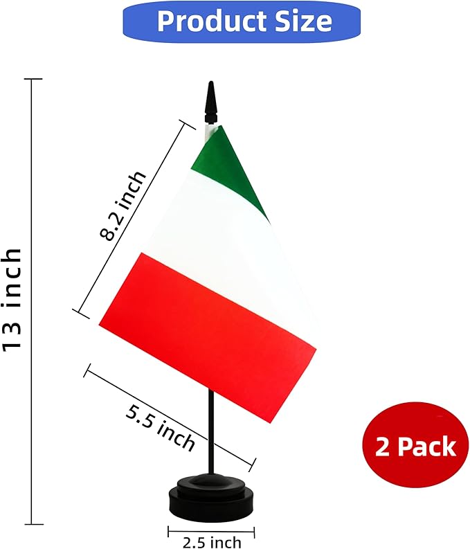 2 Pack Italy Desk Flag, Italian Table Office Flag with Solid Pole and Stand Base, International Country Flag, Festival Celebration, Classroom Meeting Desktop Decoration (Italy)