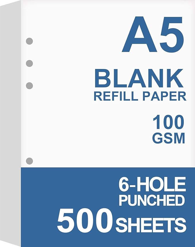 (5-Pack) A5 Blank Paper, Refills for Filofax Planner, Organizer, Binders, 6 Hole Punched, Total 500 Sheets/1000 Pages, 100gsm, White, 5.8 x 8.2 Inch, 6 Hole Filler Paper