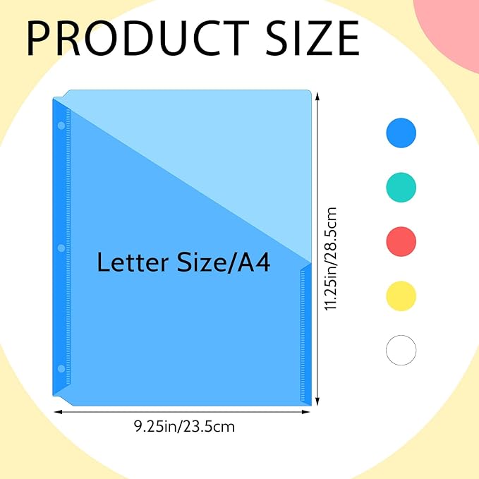 Maitys 50 Pack Binder Pockets 3 Hole Punch Clear Plastic Document Folders Binder Organizer Store Letter Size 8.5x11 Inch Paper Folders with Pockets Slash File Jacket for Office (Fresh Color)