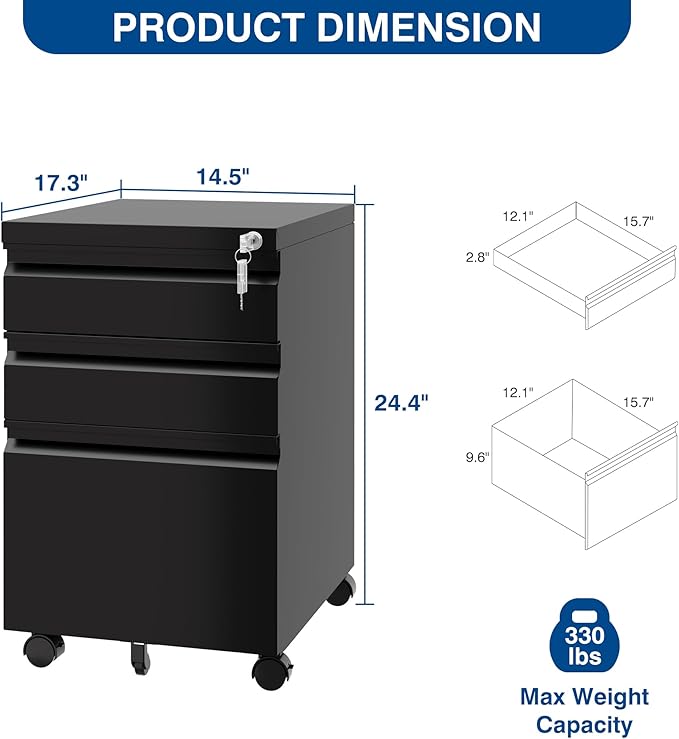 3 Drawer Mobile Metal File Cabinet, Black Filling Cabinets with Lock, Pre-Built Office Storage File Cabinet with Wheels Under Desk - Assembled Required