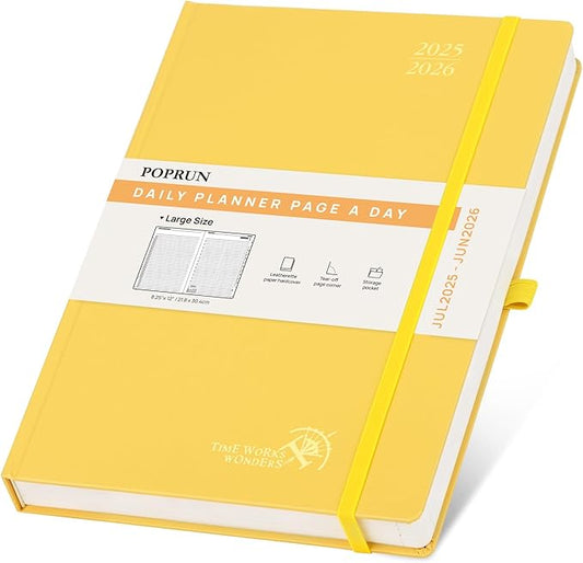 POPRUN 2025-2026 Daily Planner One Page Per Day (Large - 8.25'' x 12'') - Academic Calendar (July 2025 - June 2026), 2025 Day Appointment Book with Monthly Tabs, Hardcover - Light Yellow