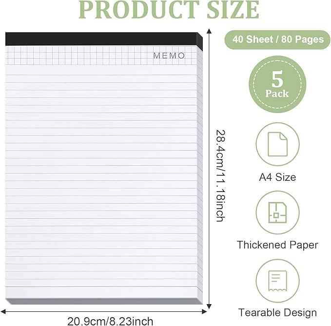 SAYEEC Legal Pads, A4 Size Wide Ruled Writing Note Pads, 8" x11" Lined Notepad Notebook Paper for Business School College Office, 40 Sheets Per Pad, 5 Pack