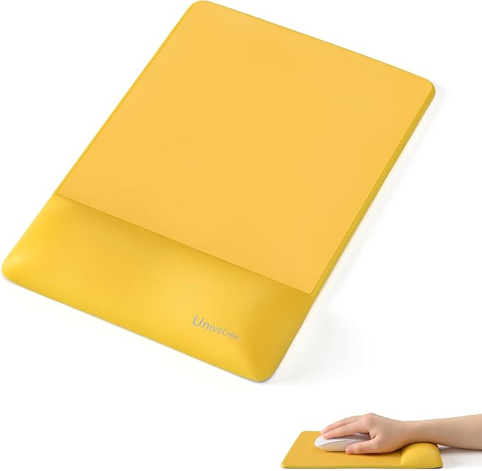 UnivoColors Design-Wave Wrist Rest Mouce Pad,PE Mouse Sliding Panel+Artificial Sheepskin+Memory Foam+Ergonomic+Anti-Slip Gel,Resilience Support During Work and Gaming,Mouce Accessory,Yellow