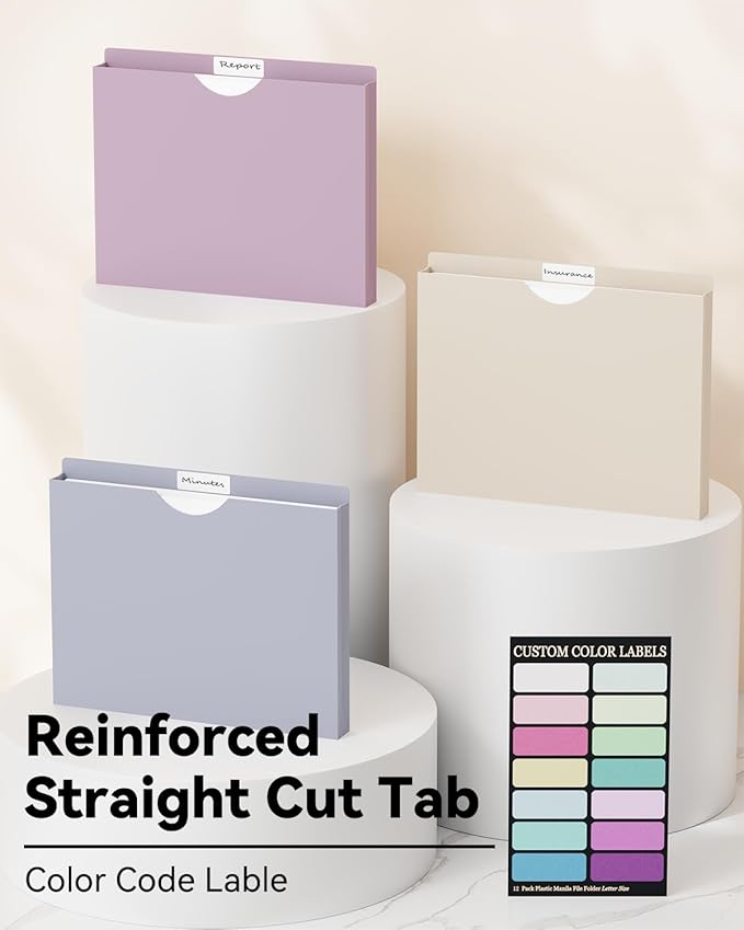 ANSOOK 1 Inch Plastic File Jackets, Manila File Folders Letter Size, 12 Heavy Duty Expanding File Folders, Expansion Pocket, Reinforced Straight Cut Tab, Morandi Color Folders for Office School Home