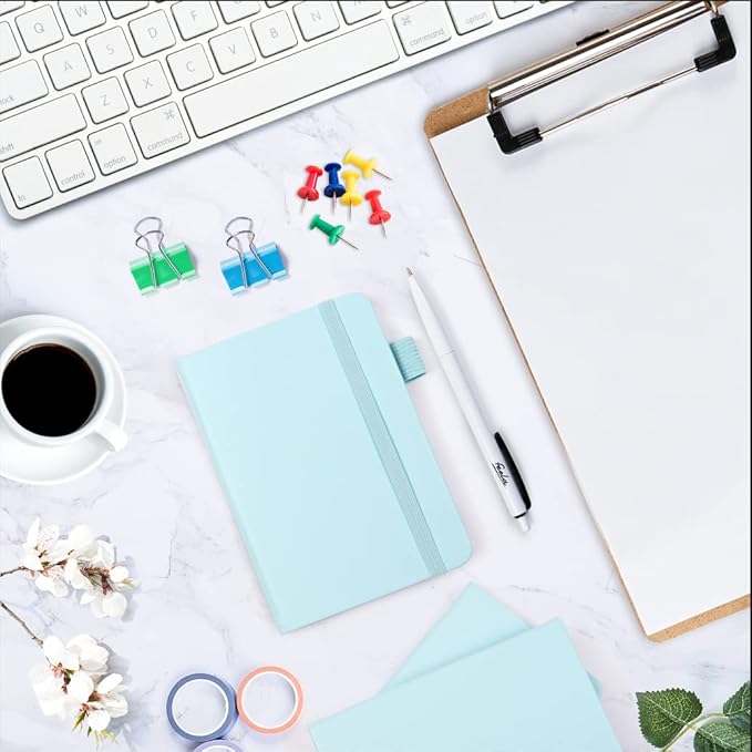 feela 6 Pack Pocket Small Notebooks Bulk, Mini Cute Memo Notepads Hardcover College Ruled Lined Journals with Pen Holder for Women Girls Office School, with 6 Black Pens, 3.5”x 5.5”, A6, Sky Blue