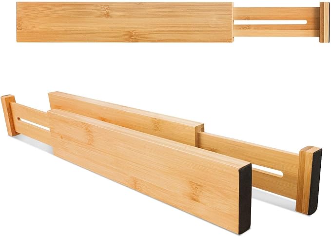 VaeFae Adjustable Bamboo Drawer Dividers, Expandable Drawer Organizer for Kitchen, Bedroom, Bathroom, Dresser and Office, 6-Pack