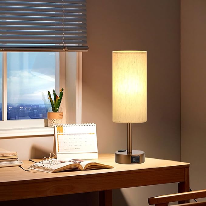 Brown Bedside Table Lamp for Bedroom - 3 Way Dimmable Touch Lamp USB C Charging Ports and AC Outlet, Small Lamp Round Flaxen Cream Fabric Shade for Living Room, Desk, LED Bulb Included
