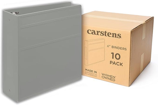 Carstens 4-Inch Heavy Duty 3-Ring Binder - Side Opening, Ash Gray, Durable Plastic, No-Gap Rings, Waterproof Cover, No Pockets, Holds 600 Letter Sheets, BPA-Free, Made in USA (1842-3R), Case of 10