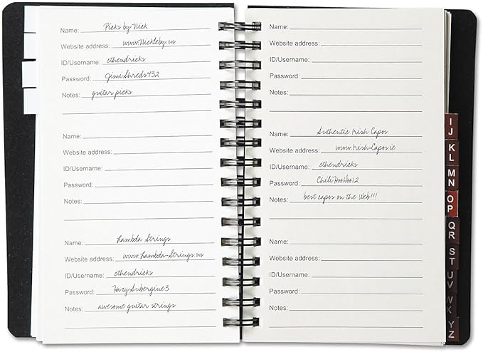 Current Black Password & PIN Keeper Book, 65 Pages, 4.5” x 5 ¾” Size Spiral Bound, Alphabetical Tabs, Plastic Cover Internet Organizer for Offline Website, Login, & Username Storage