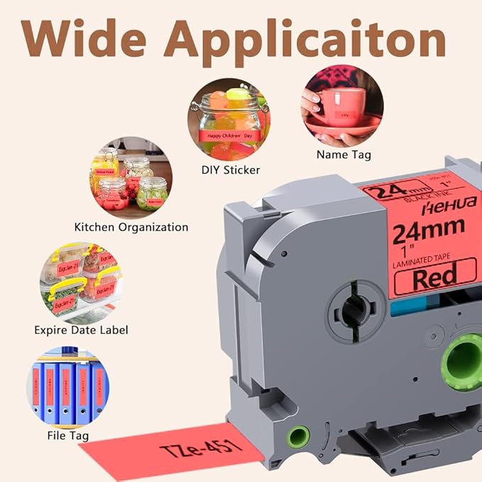 Hehua 24mm 0.94 Black on Red Laminated Tape Compatible for Brother P-Touch TZe-451 TZe451 TZ-451 TZ451 Label Maker Tape for Ptouch PT D600 D610 P710BT, 1'' x 26.2ft, 3 Pack