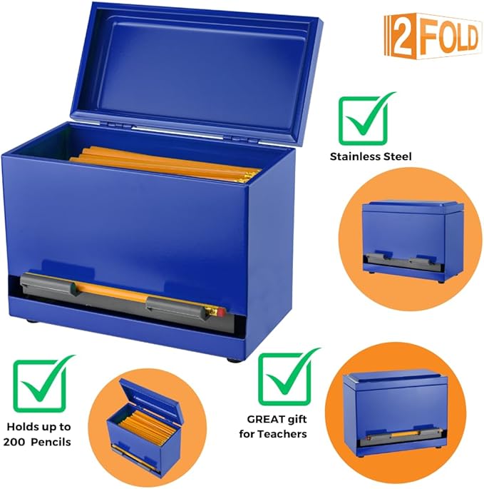 2Fold Pencil Dispenser for Classroom - Stainless Steel Bulk Pencil Holder for Desk - Includes Removable Label Stickers - Teacher Must Haves for Organization - Holds up to 200 Pencils (Blue)