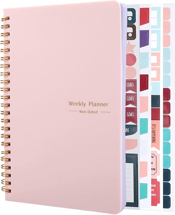 Undated Weekly Planner with Habit Tracker, 52 Weeks To Do List Notebook A5 Weekly Goal Planner with Spiral Binding & Stickers Home Work School Supplies for Women Girls 8.2" x 5.7" - Pink