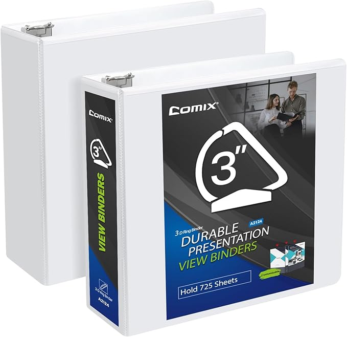 Comix Durable 3 Ring Binder, 3 inch D Ring Binders, Hold 725 Sheets of US Letter Size Paper, 2 Pack (White)