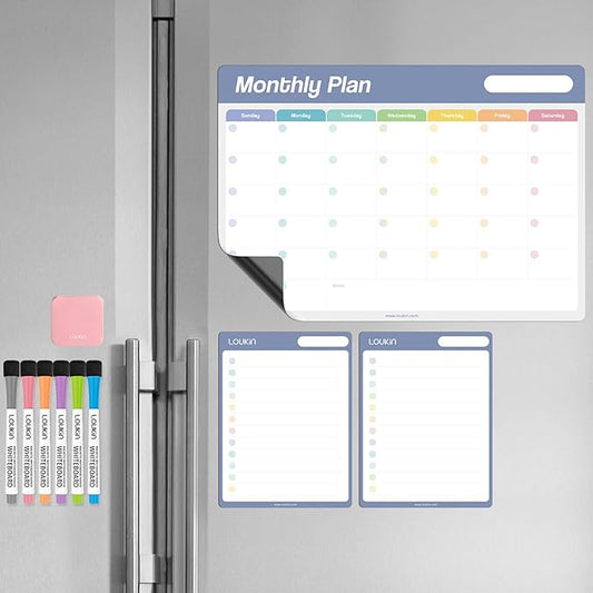 Loukin Dry Erase Calendar Set, Monthly Planner and Checklist, Electrostatic Adsorption Reusable Whiteboard for Office Classroom Refrigerator, Clings to Any Shiny Surface, 6 Markers&1 Eraser Included