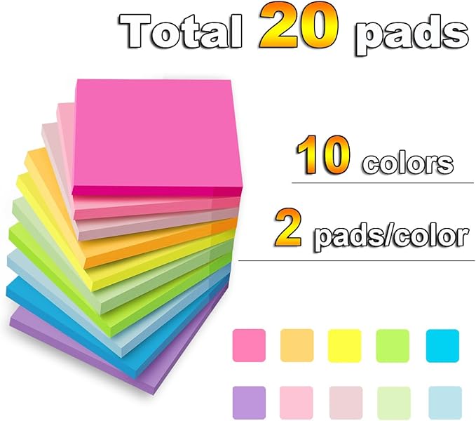 (20 Pads) Sticky Notes 3x3 in Post Bright Stickies Colorful Super Sticking Power Memo Pads, Strong Adhesive