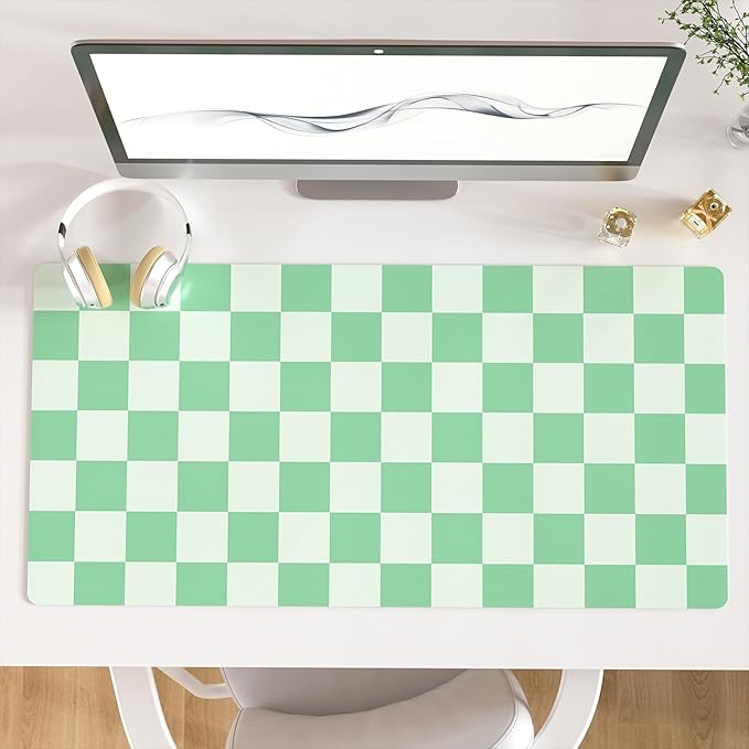 Colorful Star Large Mouse Pad, PU Leather Waterproof Desk Mat, Computer Gaming Mouse Pad, XXL Full Table Mousepad Non Slip Desk Pad for School Office Home 31.5" x 15.7" - Green Checkerboard