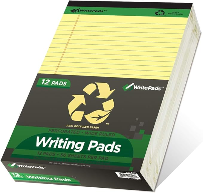 KAISA Yellow Legal Pads 12pads Writing Pads Recycled Paper 8.5"x11.75" Wide Ruled Perforated 50 sheets Hard Back Notepads 8-1/2"x 11-3/4" Writing Tablet Canary For Office Supplies (Pack of 12pc) KSU-5668