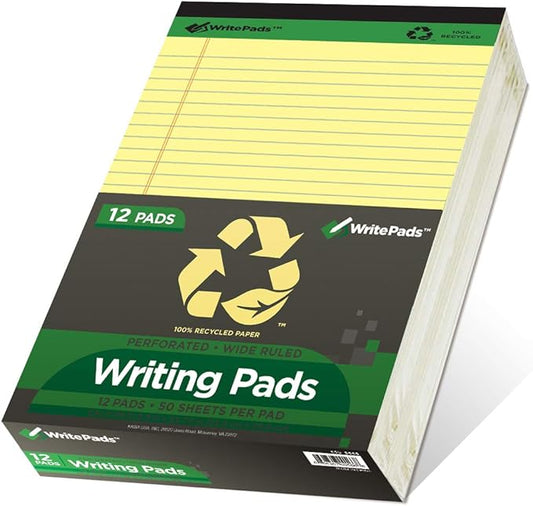KAISA Yellow Legal Pads 12pads Writing Pads Recycled Paper 8.5"x11.75" Wide Ruled Perforated 50 sheets Hard Back Notepads 8-1/2"x 11-3/4" Writing Tablet Canary For Office Supplies (Pack of 12pc) KSU-5668