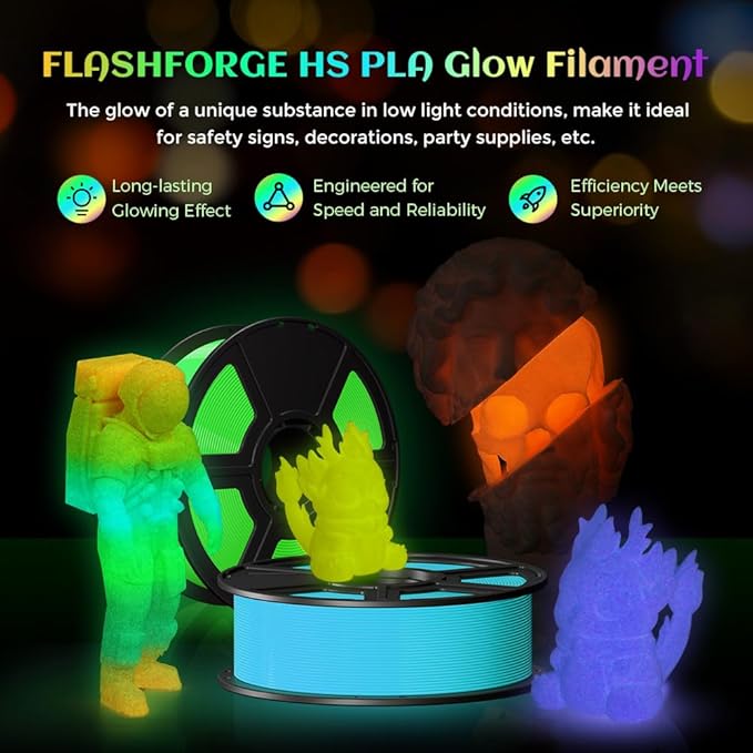 FLASHFORGE Glow in The Dark Rapid PLA Filament 1.75mm, High Flow Speedy 3D Printer Filament Luminous Blue, Max 500mm/s High-Speed Printing, High Brightness and Long-Lasting Glowing Effect