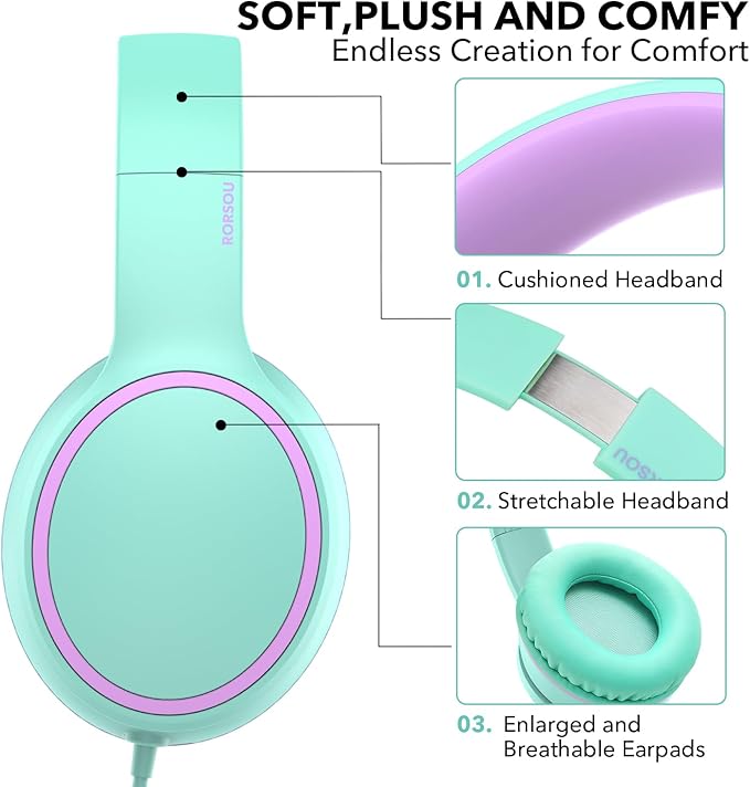 RORSOU R10 Over-Ear Headphones with Microphone Lightweight Folding Stereo Bass Headset with 1.5M No-Tangle Cord Portable Wired Headphones for Smartphone Tablet Computer Green