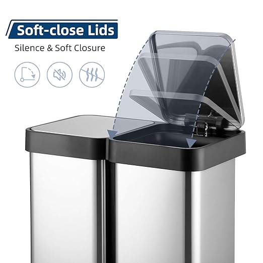 16 Gallon Dual Compartment Trash & Recycling Bin - Soft Close Lid Kitchen Garbage Can, Stainless Steel Step Pedal, Space Saving Design for Home/Office (60L 2x30L, No Inner Bucket)