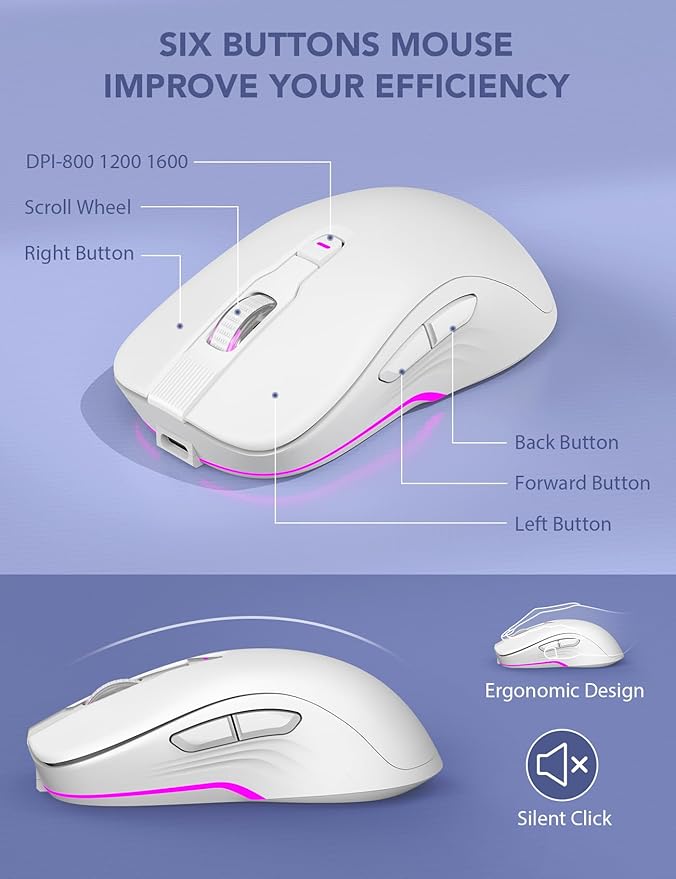 Wireless Keyboard and Mouse Backlit - Typewriter Keyboard with Retro Round Keycaps, Detachable Wrist Rest, Light Up Letters, 2.4G Rechargeable Combo for Mac, Windows, PC, Laptop, Trueque (White)