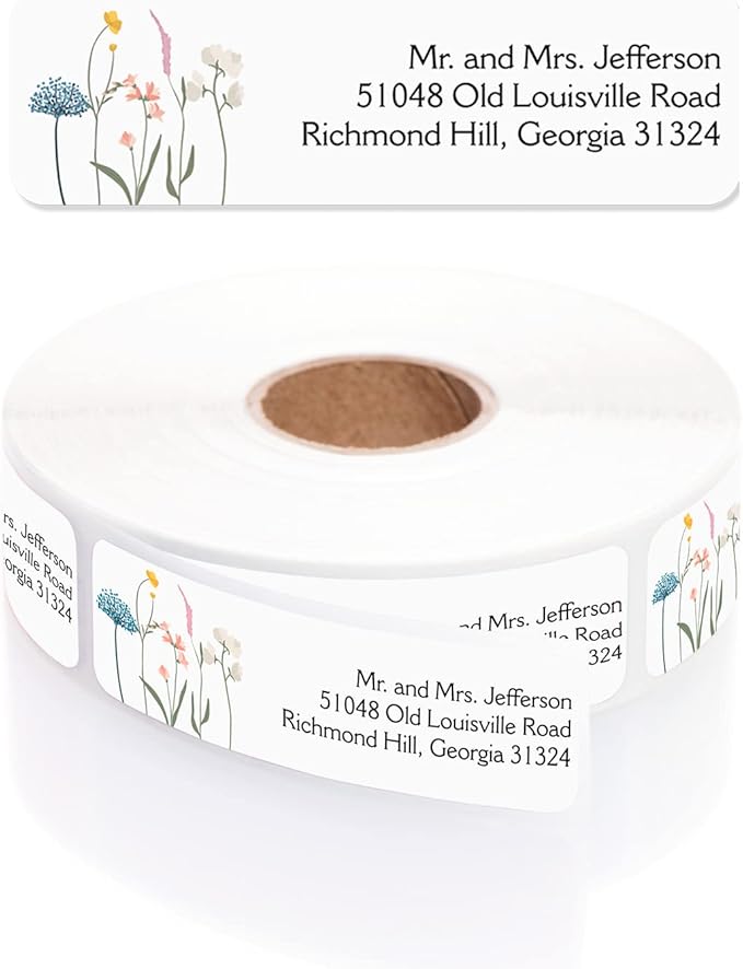 Wildflower Rolled Address Labels / 250 Personalized Return Address Labels/Designer Address Stickers in Elegant Plastic Dispenser
