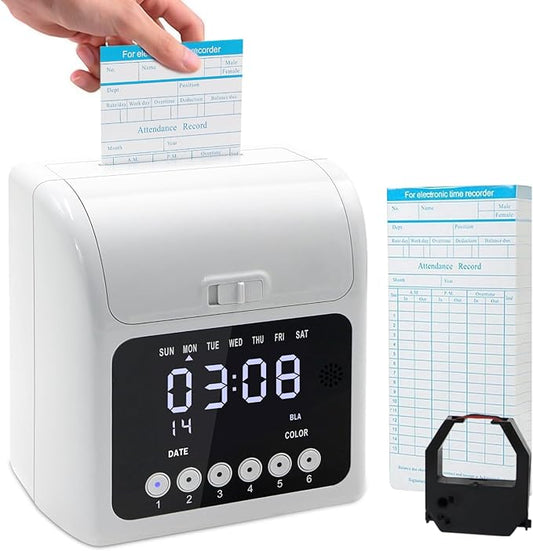 Time Clock with Passcode, Auto-Align Time Clocks for Small Business, Time Clock Punch Machine with 50-Piece Time Cards, and One Ink Ribbon Cartridge