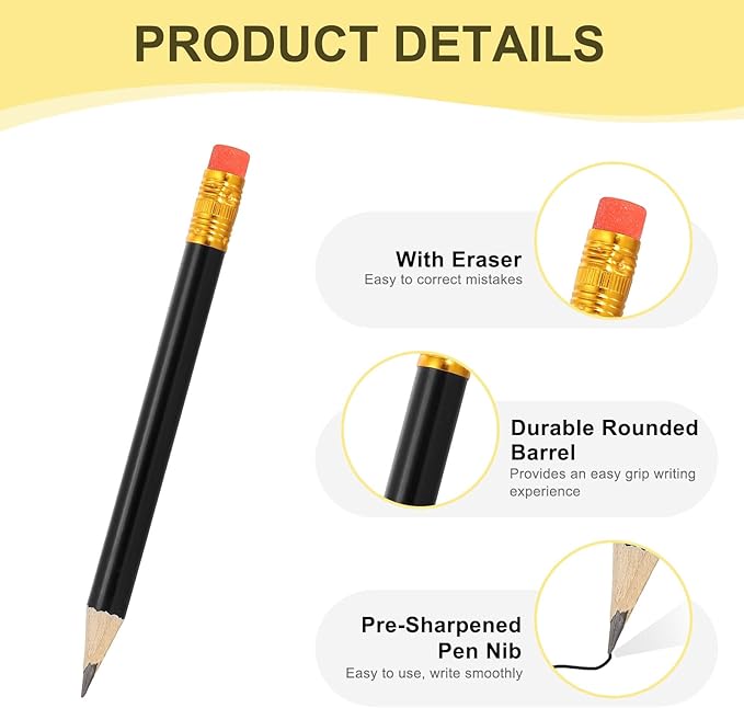 MECCANIXITY Golf Pencils with Erasers, 4" HB Mini Half Pencils Pre Sharpened Small Pens for Wedding Bridal Shower Game Office Writing Drawing(White/Black, Pack of 50)