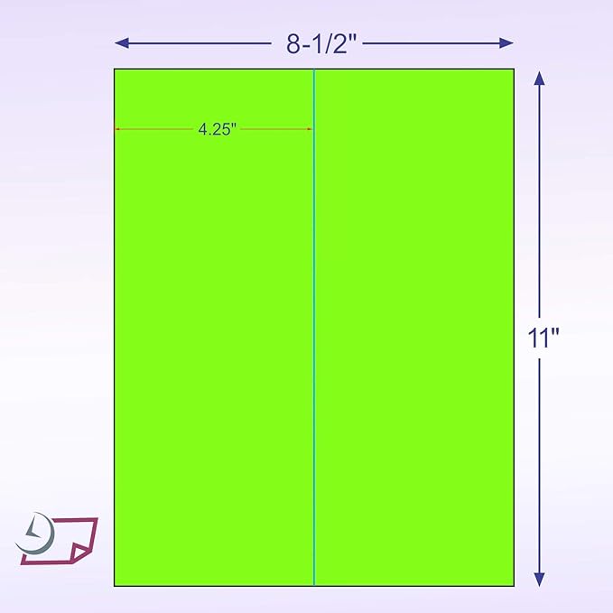 8-1/2 x 11" Neon Color High Light Fluorescent Labels for Laser & Inkjet Printer (Green Fluorescent, 4-1/4" x 11" - 2 Per Page | 50 Labels)