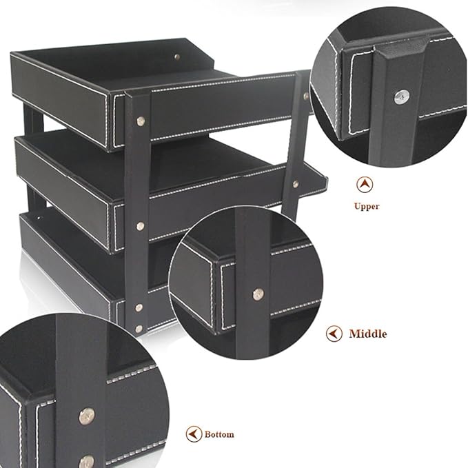 KINGFOM Letter Tray, Leather Paper Organizer Tray, Wooden Desk File Holder, Desktop File, Stackable Magazine Holder, Mail Sorter, Great for Home or Office - 3 Level Brown