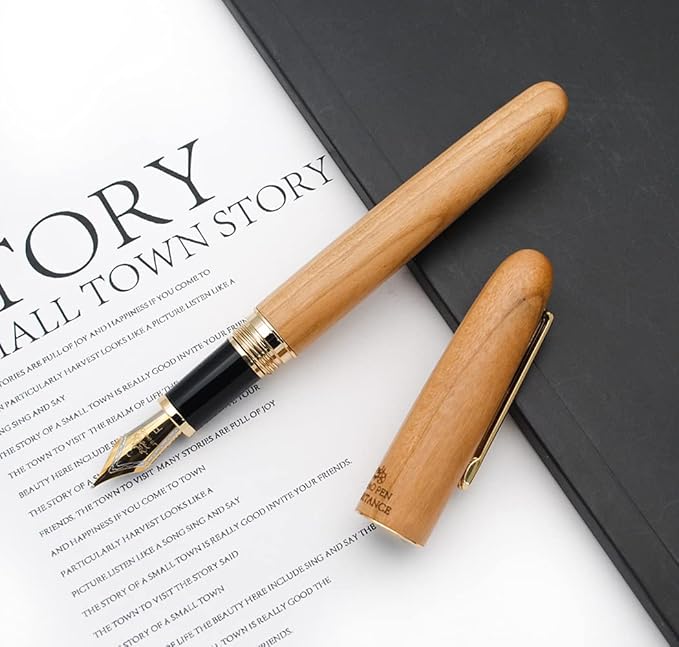 JINHAO 9036 Natural Wood Fountain Pen Handmade Ink Pen (Fine Nib 0.5mm, Cherry Wood)