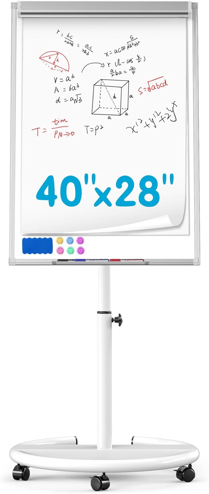 Mobile Dry Erase Board 40 x 28 inch, Magnetic Whiteboard on Height Adjustable Stand Dry Erase Easel Board with Flipchart Pad