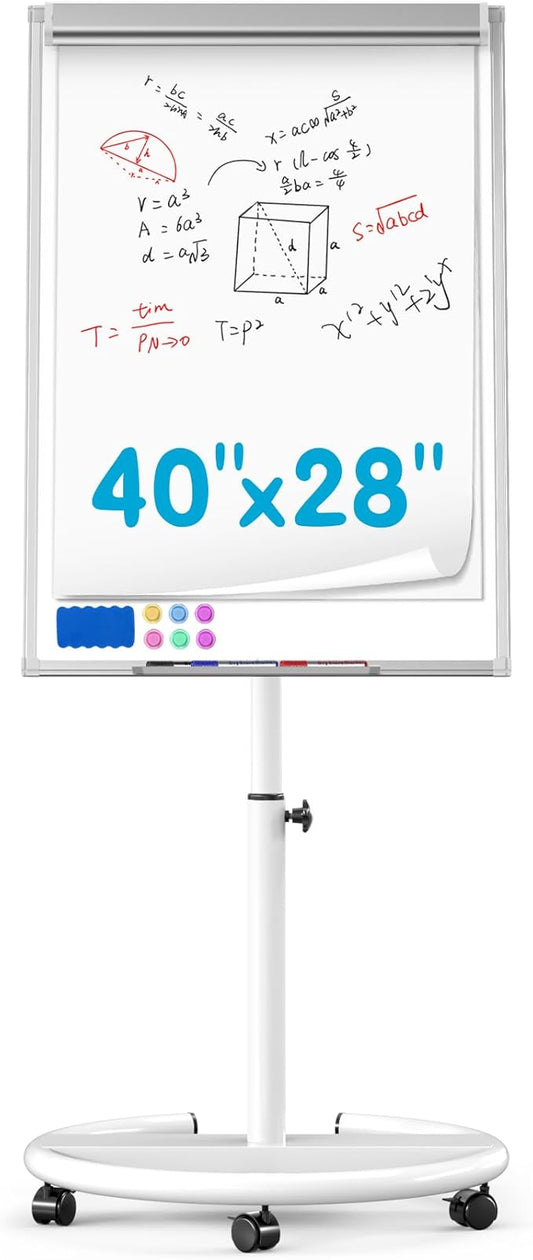 Mobile Dry Erase Board 40 x 28 inch, Magnetic Whiteboard on Height Adjustable Stand Dry Erase Easel Board with Flipchart Pad