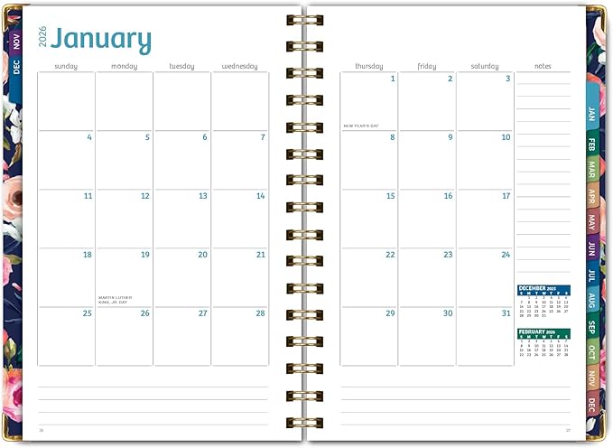 HARDCOVER 2026 Planner, 5.5"x8": 14 Months (November 2025 - December 2026), Daily Weekly Monthly Planner, Yearly Agenda, Bookmark, Pocket Folder and Sticky Note Set (Small Navy Floral)