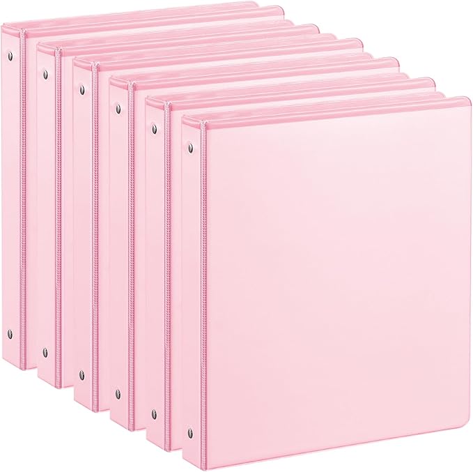 1-inch 3 Ring Binder with 2 Interior Pockets, 1'' Basic Binders Holds US Letter Size 8.5'' x 11'' Paper - Versatile Binders for Office, Home, and School Use, 6 Pack (Pink)