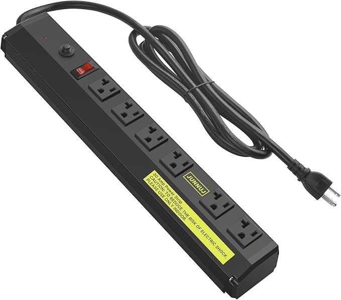 JUNNUJ Heavy Duty Metal Power Strip 20 Amp, High Amp Surge Protector 6 Outlet, 20A Power Strips Workshop Industrial Outlets Wide Spaced 6-20R T-Slot with Circuit Breaker, 12 Gauge Extension Cord 15ft