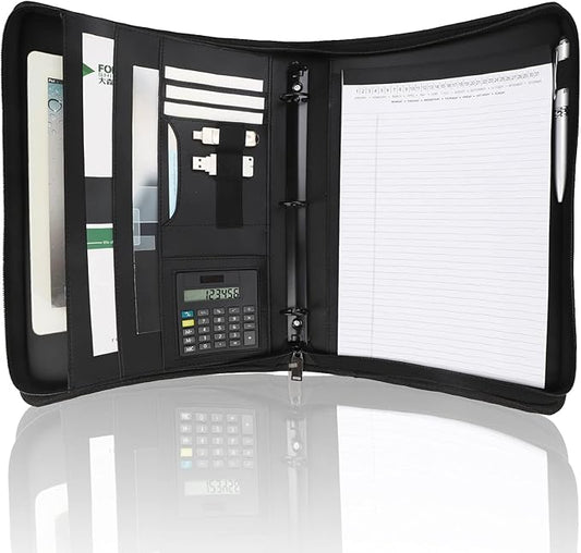 Business Portfolio with Zipper 3 Ring Binder Organizer - PU Leather Folder Padfolio Document Organizer with Solar Calculator,Writing Pad